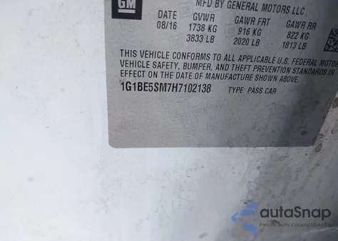 2017 Chevrolet Cruze Lt Auto from USA, damaged, VIN 1G1BE5SM7H7102138